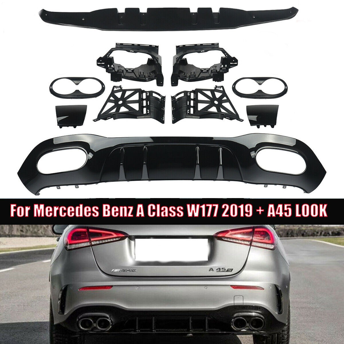 Gloss Black AMG Style Rear Diffuser Suitable For Mercedes-Benz A-Class W177 Hatch 19 +